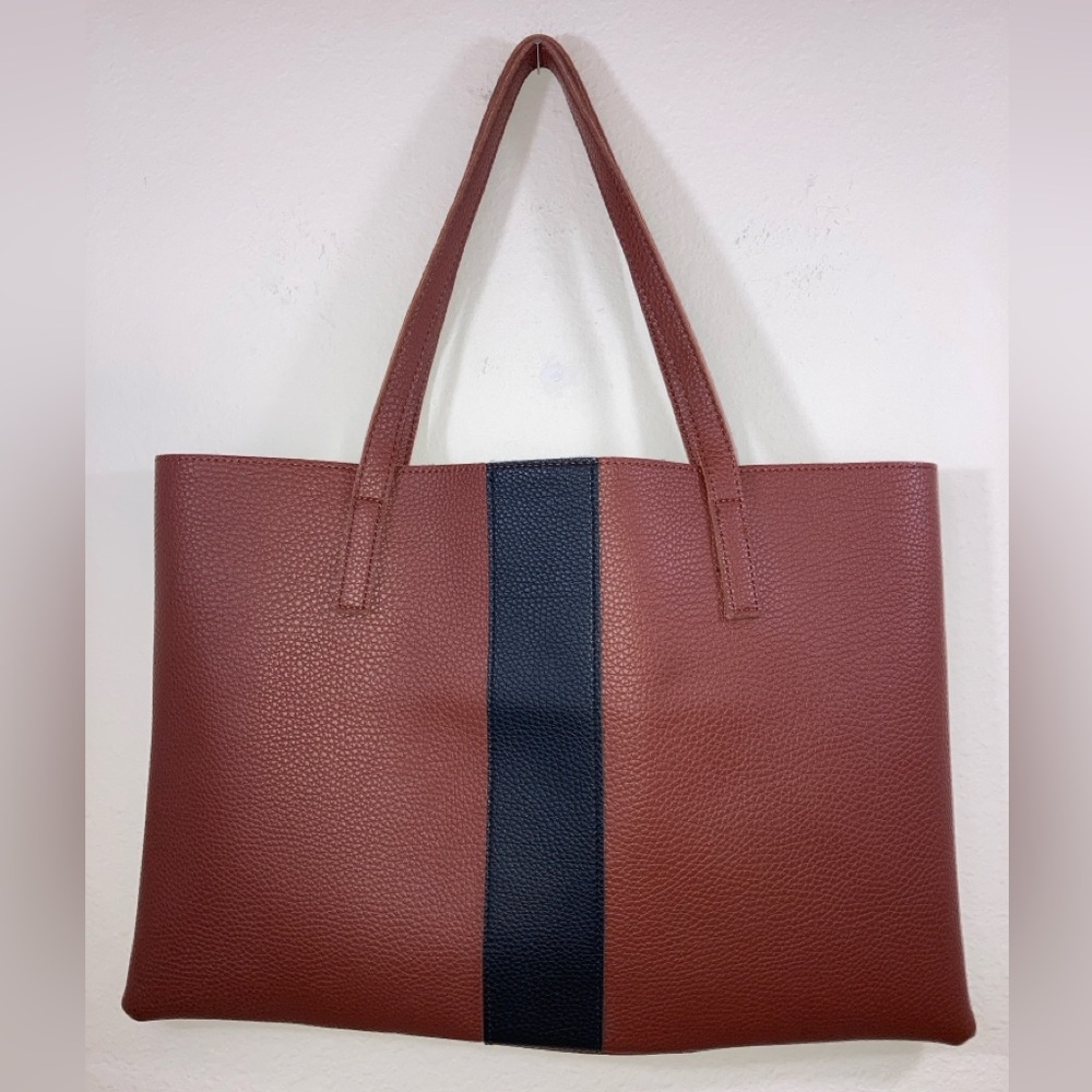 Vince Camuto Pebbled Rust Vegan Leather “Luck” Tote with Black Band
